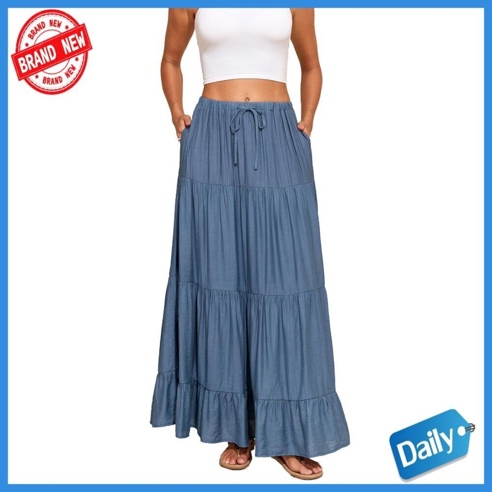 Maxi Skirt with Pockets Elastic Waist Flowy Boho Tiered A-Line